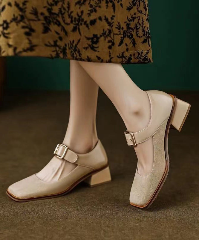 Apricot Suede Square Head Buckle High Heels
