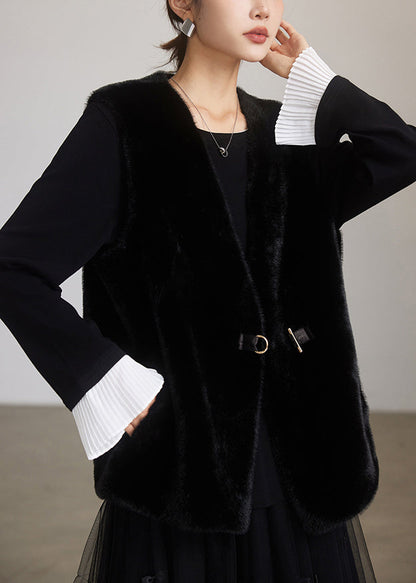 New Coffee Button Pockets Leather and Fur Waistcoat Sleeveless
