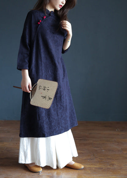 Jacquard Navy Blue Stand Collar Embroideried Button Maxi Dresses Spring