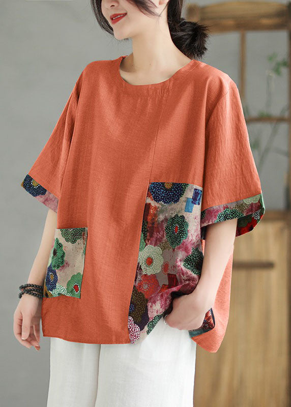 Orange O Neck Print Patchwork Linen T Shirt Top Summer