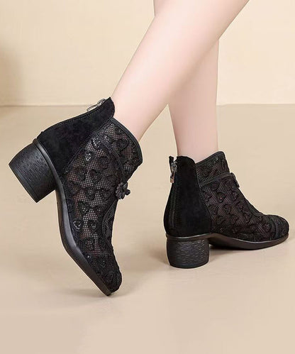 Black Chunky Breathable Mesh Embroidered Retro Splicing Boots