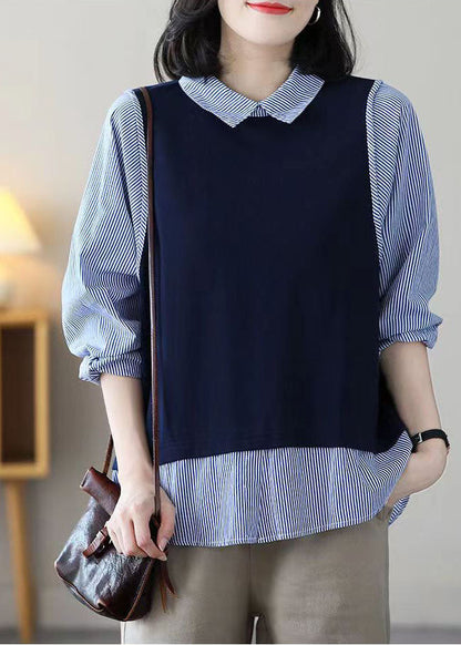 Navy Peter Pan Collar Patchwork Striped Cotton Fake Two Piece Tops Spring
