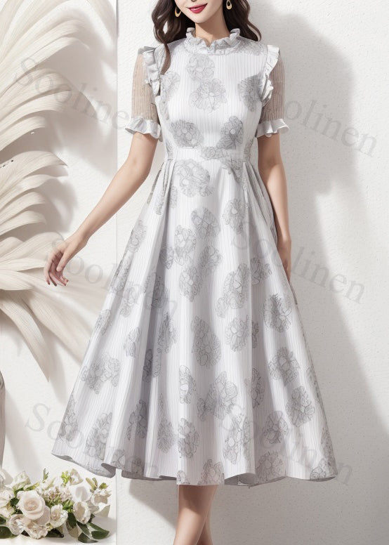 Beige Ruffled Print Silk Long Dresses Summer