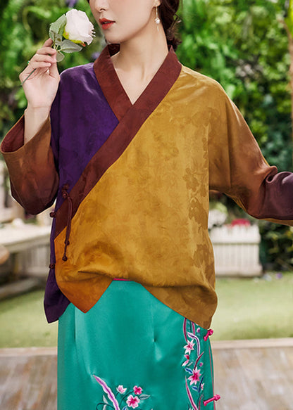 Orange Purple Gradient Color V-neck Patchwork Silk Top Long Sleeve