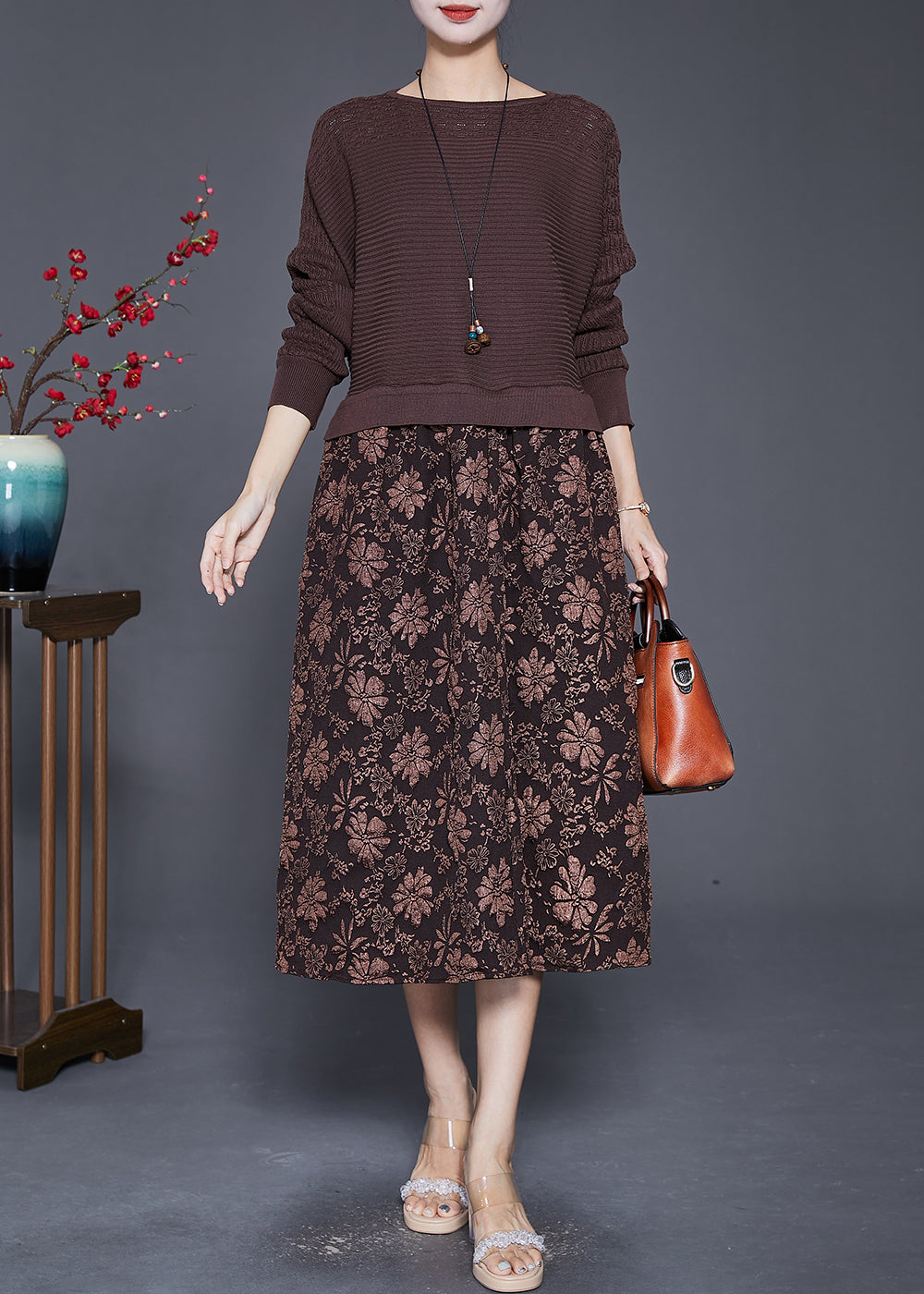 Coffee Jacquard Patchwork Knit Maxi Dresses Fall