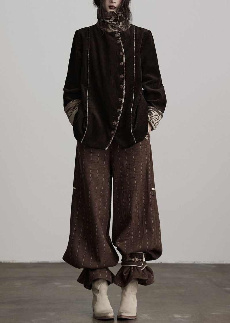 Classy Brown Embroidered Striped Cotton Straight Pants Spring