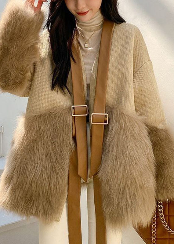 Classy Khaki V Neck Fuzzy Fur Fluffy Patchwork Leather and Fur Coat Long Sleeve