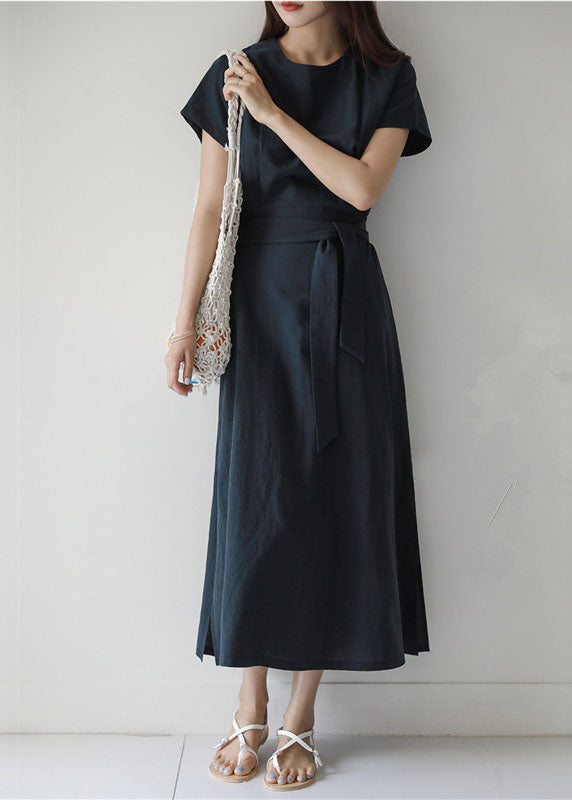 Navy O Neck Patchwork Side Open Tie Waist Cotton Dresses Summer
