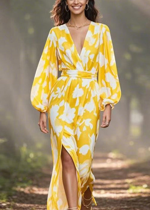 Yellow V Neck Print Side Open Chiffon Dress Spring