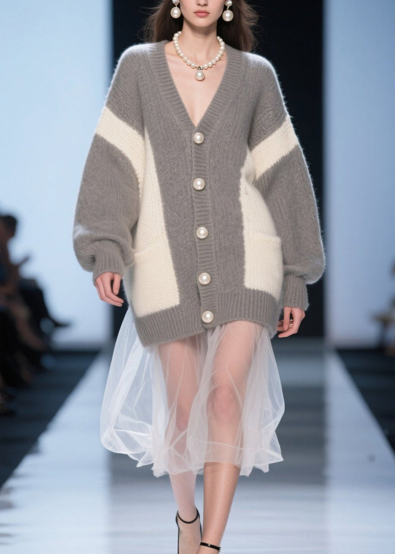 Grey Button Tulle Patchwork Knit Cardigan Fall