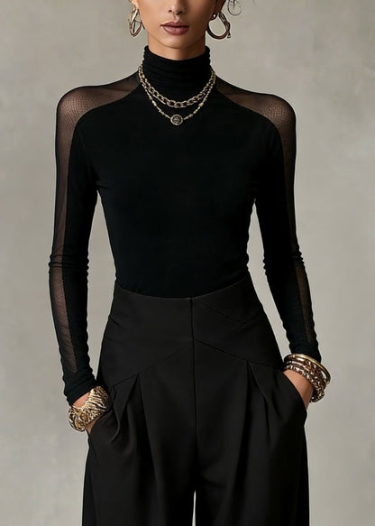 Black Turtleneck Patchwork Tulle Top Spring