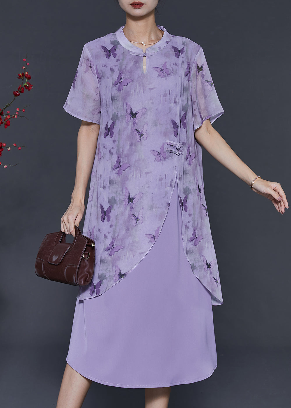 Purple Butterfly Chinese Button Chiffon Fake Two Piece Dresses Summer