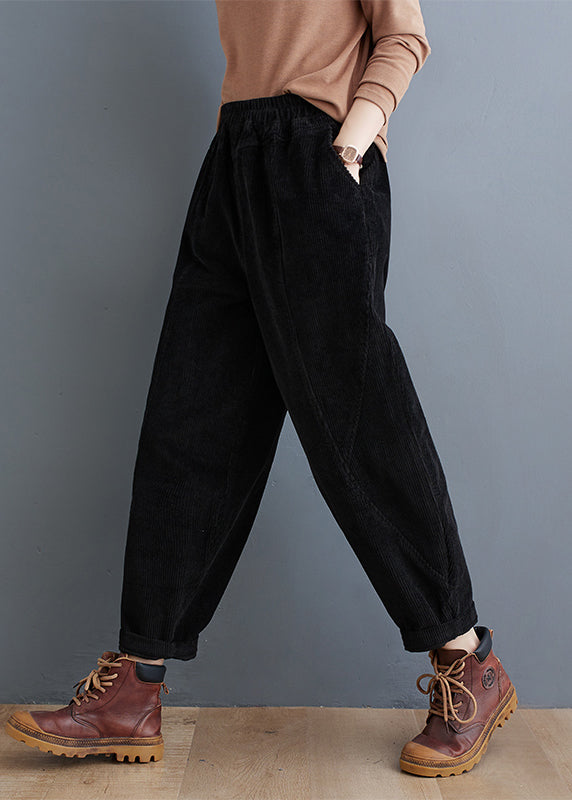 Red Pockets Elastic Waist Corduroy Warm Fleece Pants Winter