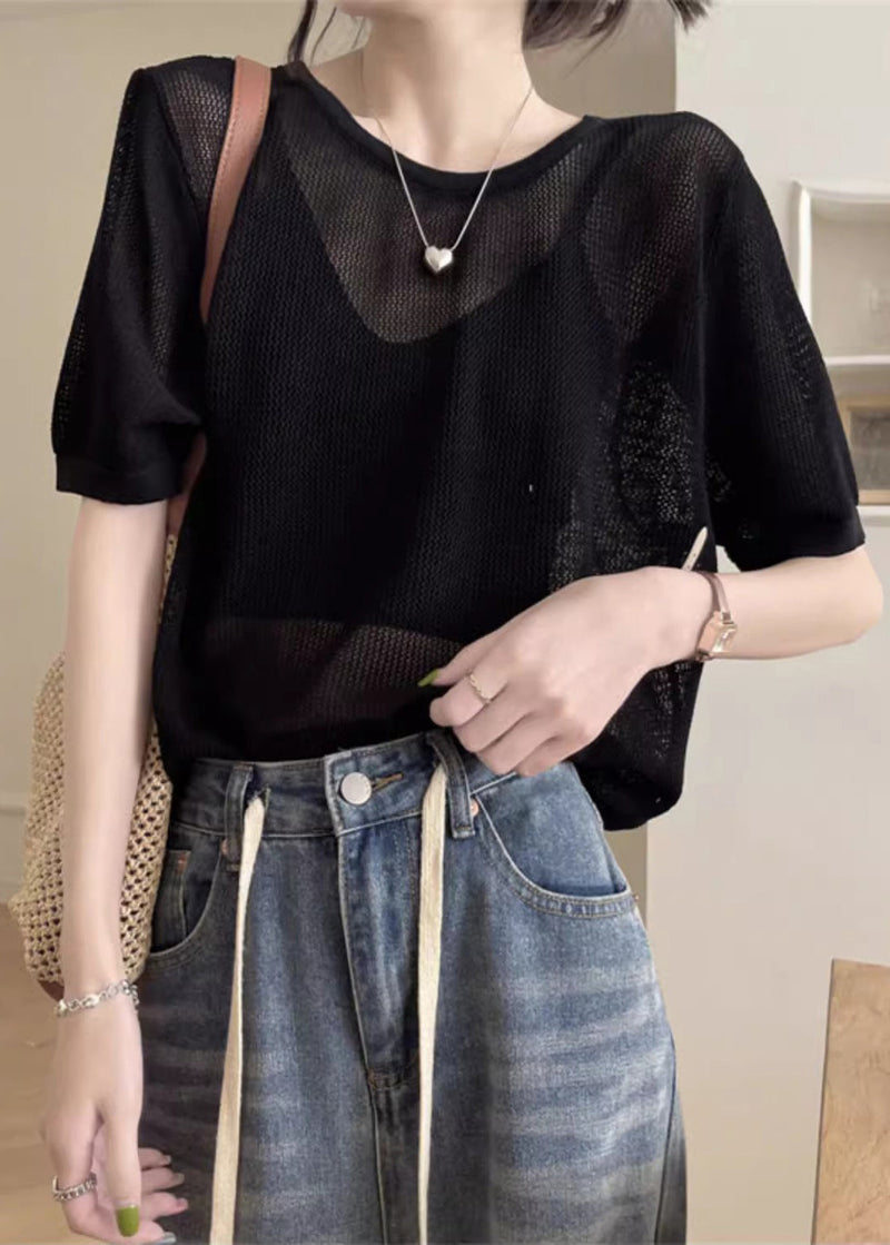 Black Hollow Out Summer Knit T Shirts O Neck