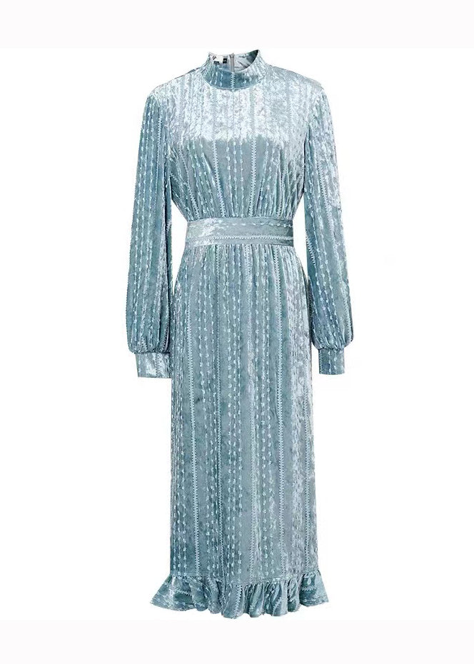 Light Blue Stand Collar Ruffled Patchwork Velour Dress Fall