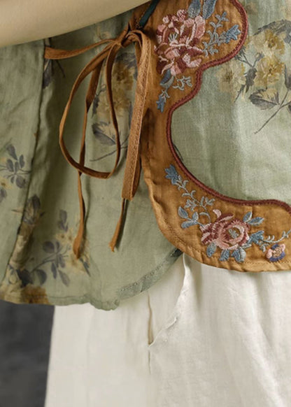 Green Embroideried Print Lace Up Linen Shirts Summer