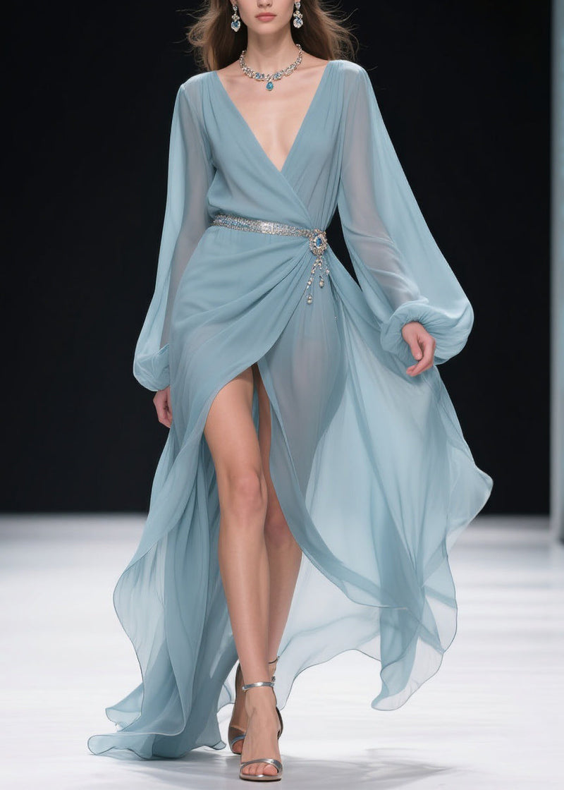 Blue V Neck Wrinkled Side Open Long Dresses Lantern Sleeve