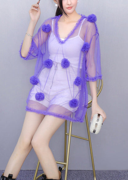 Art Purple V Neck Thin Tulle Tops Summer