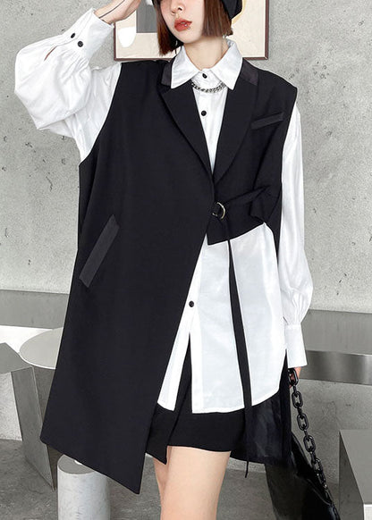 Diy Black Peterpan Collar Pockets Asymmetrical Design Fall Sleeveless Waistcoat