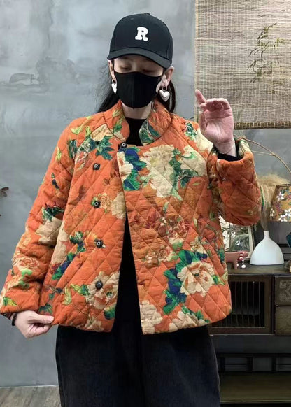 Orange Oversized Print Fine Cotton Filled Coats Winter