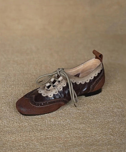 Coffee Cowhide Leather Splicing Suede Flat Shoes Lace Up
