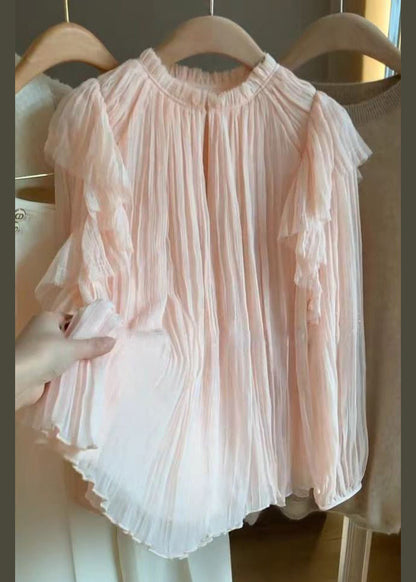 Pink Ruffled Patchwork Chiffon Tops Long Sleeve