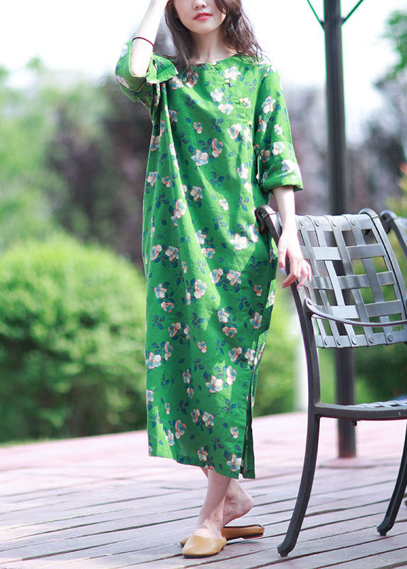 Green Print Side Open Linen Long Dress Spring