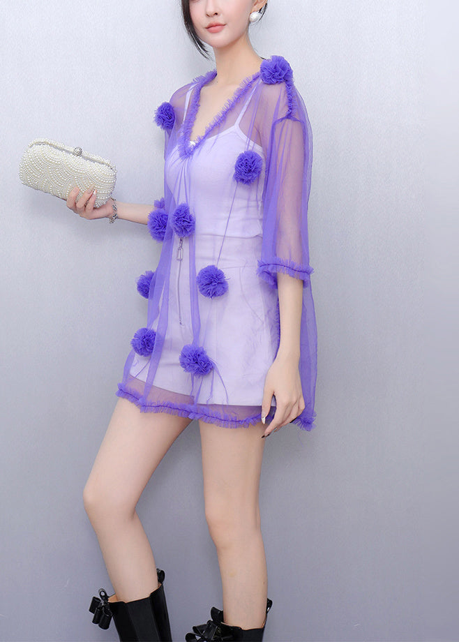 Art Purple V Neck Thin Tulle Tops Summer