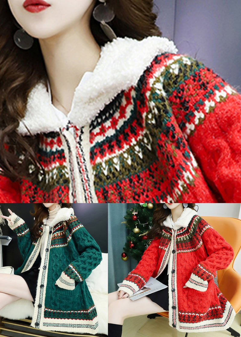 Green Button Pockets Thick Knit Coat Long Sleeve Spring