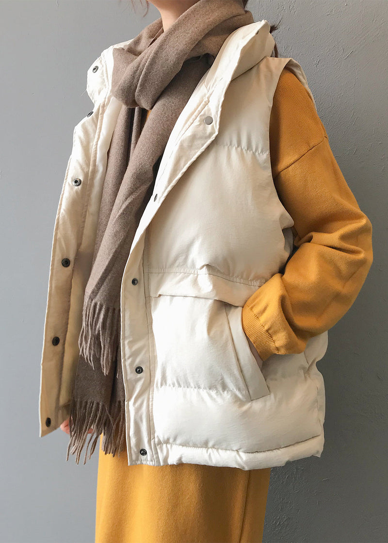 Loose Beige Button Pockets Fine Cotton Filled Vest Sleeveless