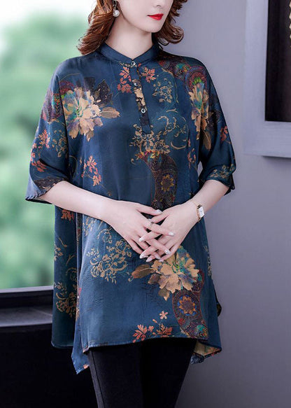 Navy Stand Collar Print Silk Tops Half Sleeve