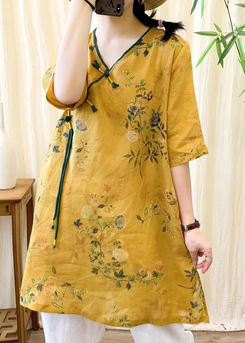 Yellow V Neck Print Chinese Button Linen Mid Dress Summer
