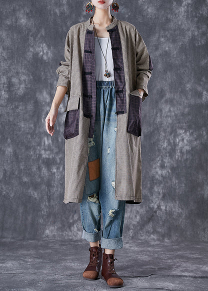 Plaid Patchwork Pockets Cotton Long Blouses Fall