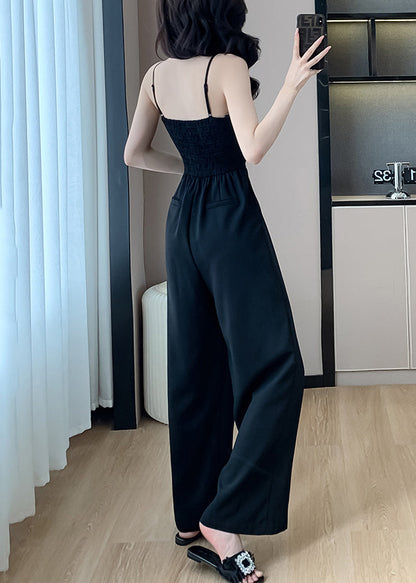 Black Cold Shoulder Silk Sleeveless Jumpsuits Pockets