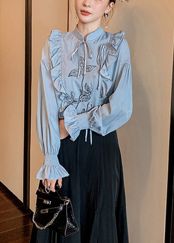 Blue Stand Collar Ruffled Print Tie Waist Button Shirt Long Sleeve