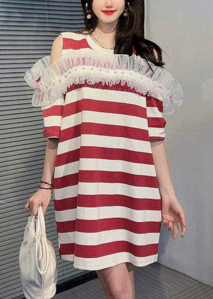 Red Cold Shoulder Ruffled Patchwork Cotton T Shirt Summer