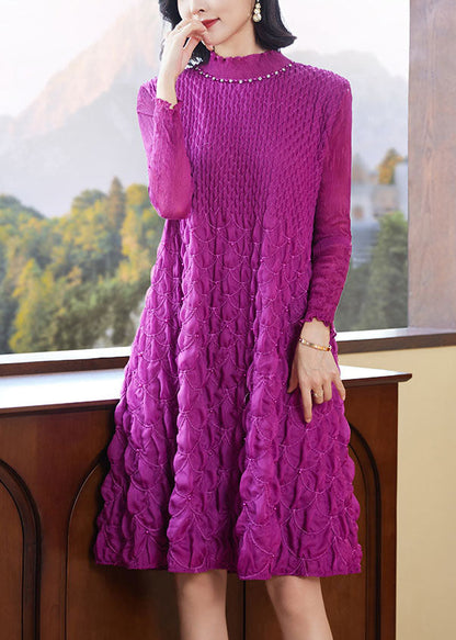 Purple Stand Collar Zircon Wrinkled Mid Dresses Fall