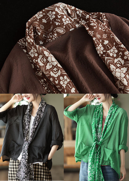 Coffee Colorblock Pockets Print Linen Upf 50+ Coat Long Sleeve