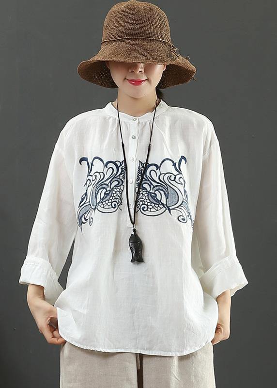 Art White Embroidery Tops Stand Collar Daily Spring Top