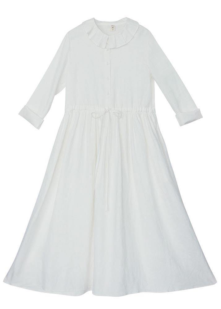 White Ruffles Pockets Summer Linen Dress