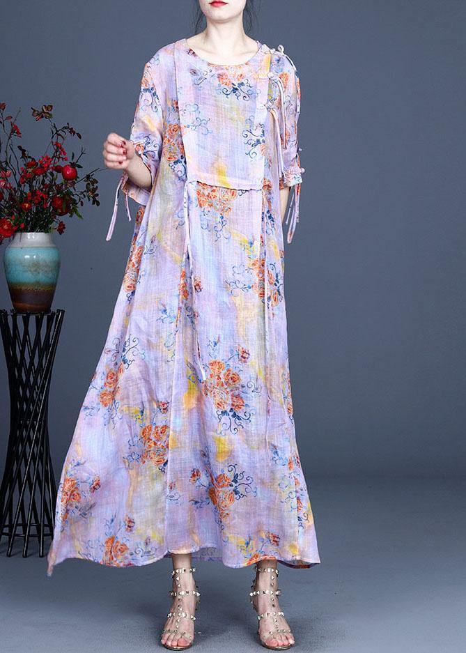 Orange Slim Fit Print Asymmetrical Summer Ramie Maxi Dress Half Sleeve