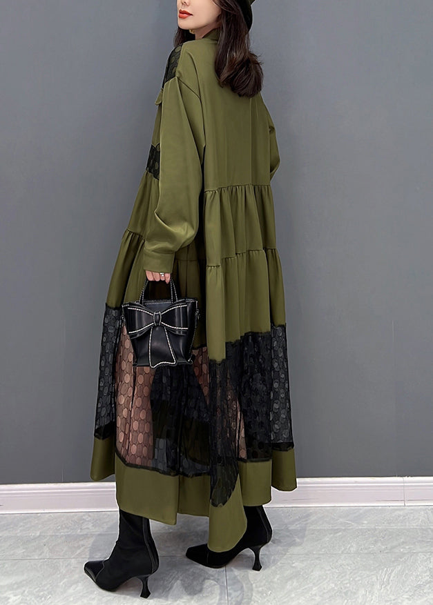 Green O-neck Patchwork Button Tulle Maxi Dresses Fall