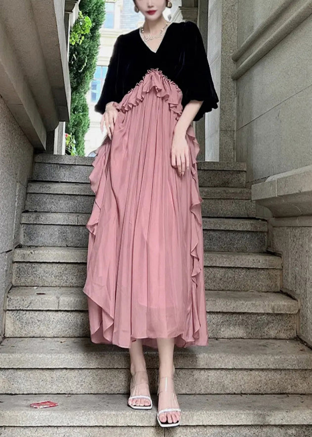Loose Black Ruffled Patchwork Silk Velour Dresses Puff Sleeve