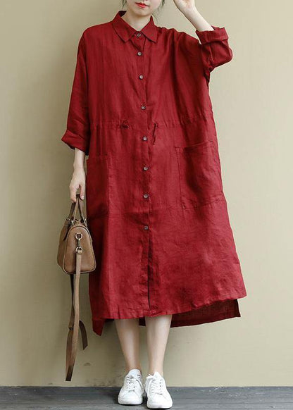 Red Flower Linen Shirt Dress Oversize Spring Maxi Dresses
