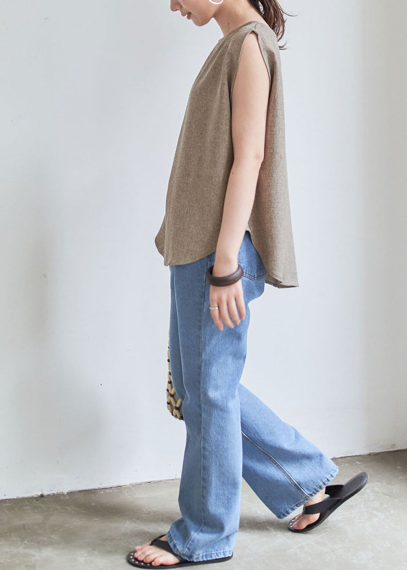 Grey O-neck Wrinkled Linen Tops Sleeveless