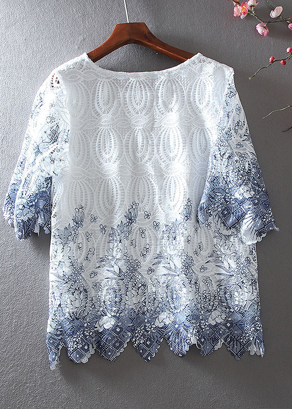 White Embroidered Hollow Out Lace Shirt Top Summer