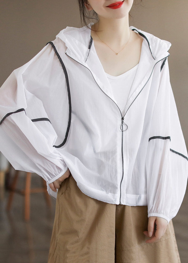 Style White Hooded Zippered Cotton Upf 50+ Coat Jacket Long Sleeve