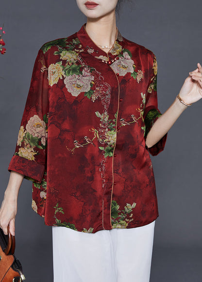 Red Print Silk Shirts Mandarin Collar Summer