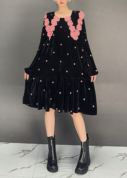 French Black Wrinkled Patchwork Jacquard Velour Dress Fall