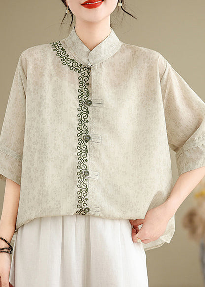 Chinese Style Stand Collar Jacquard Embroidered Cotton Top Summer